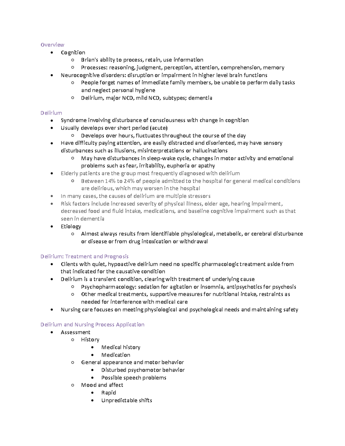 Ch 24- Cognitive Disorders - Overview • Cognition o Brian's ability to ...