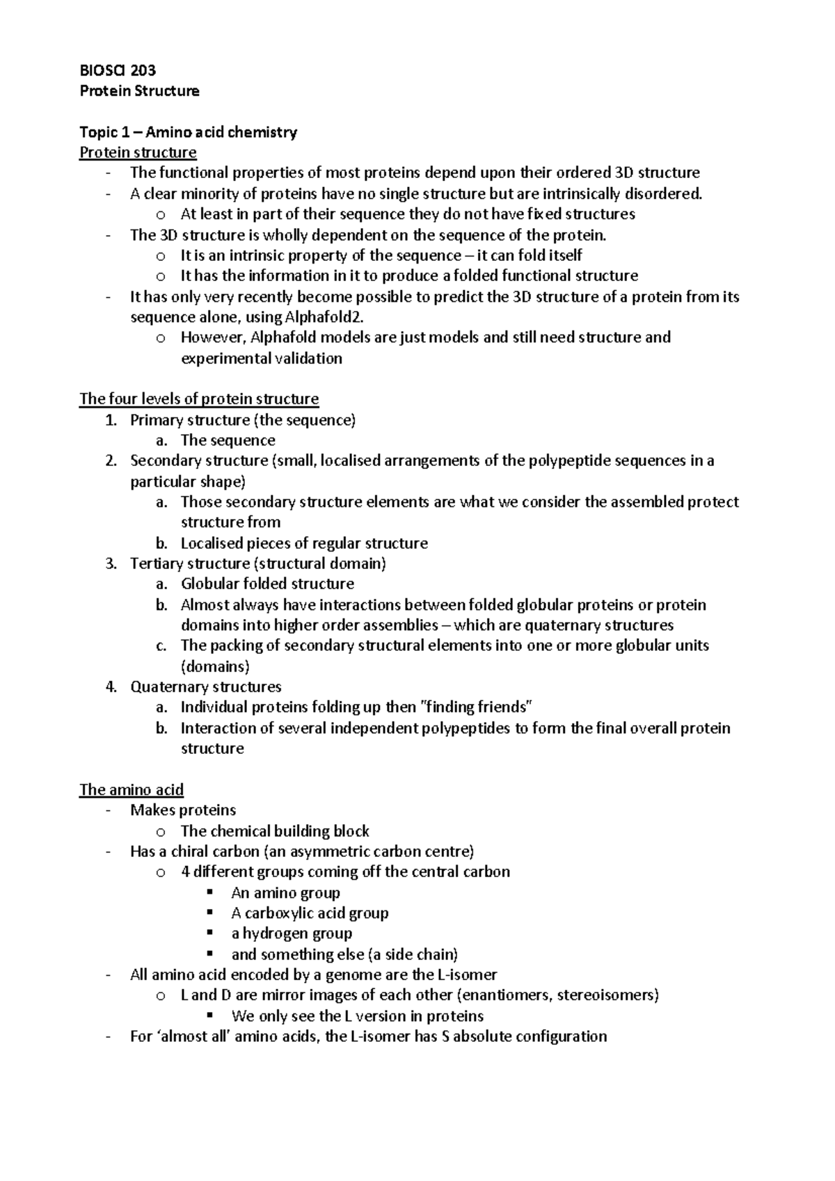 Biosci 203 - 1 Protein Structure Notes - BIOSCI 203 Protein Structure ...