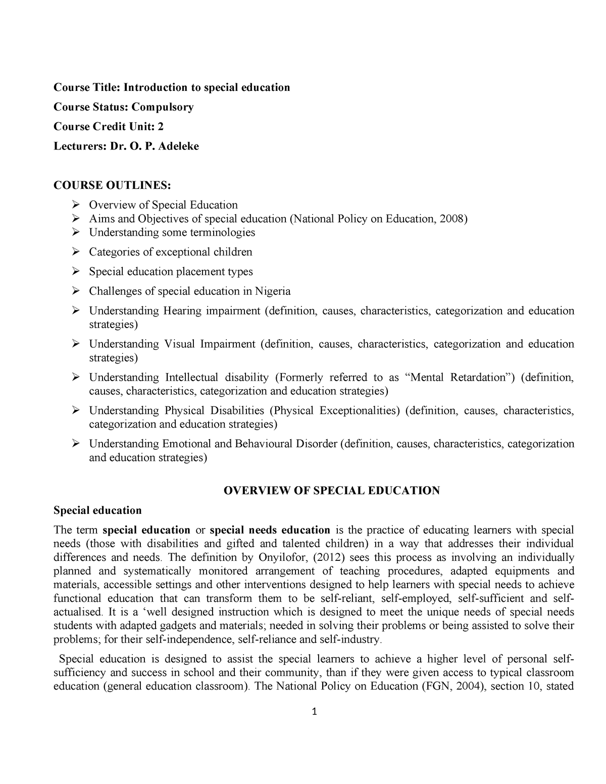 Introduction to special education course note - Course Title ...