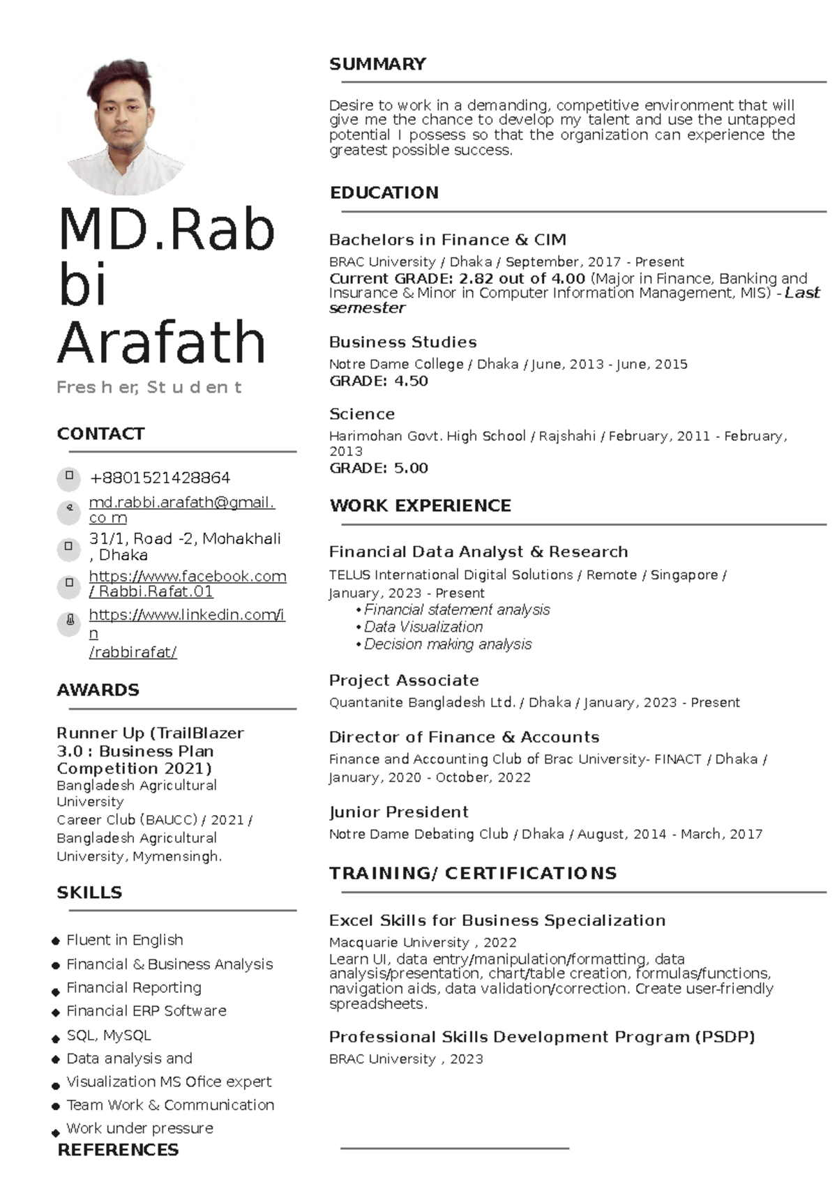 Rabbi-Rafat-cv - cv for a interview in Finance - MD bi Arafath Fres h ...