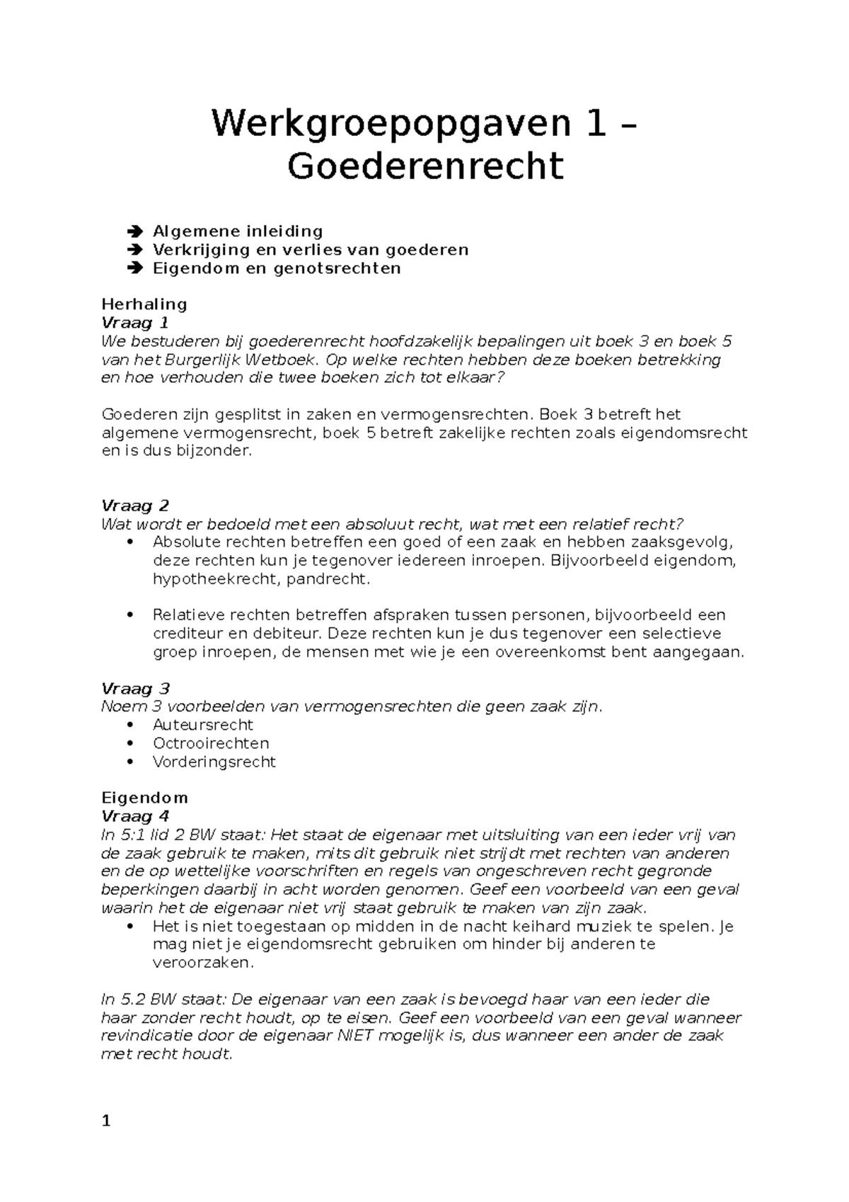 Werkgroepopgaven 1 - Goederenrecht - Werkgroepopgaven 1 – Goederenrecht ...