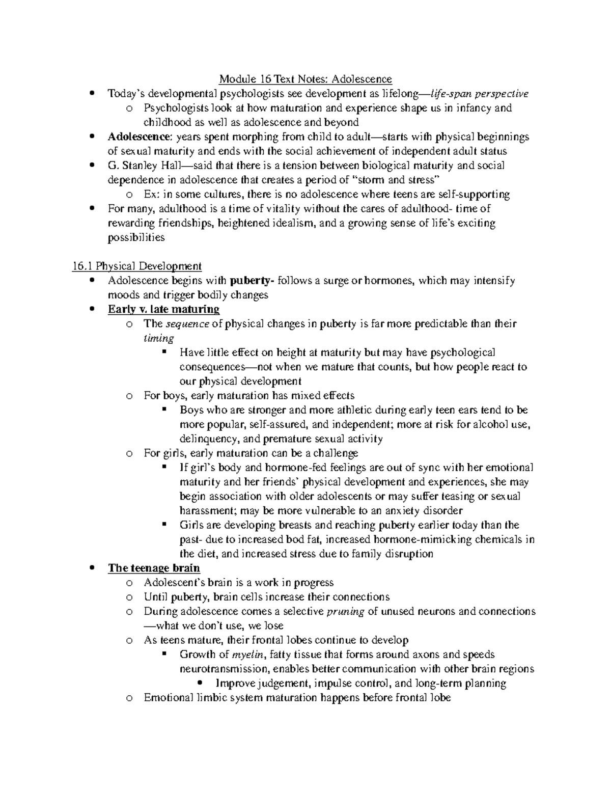 Module 16 Text Notes- adolescence - Module 16 Text Notes: Adolescence ...