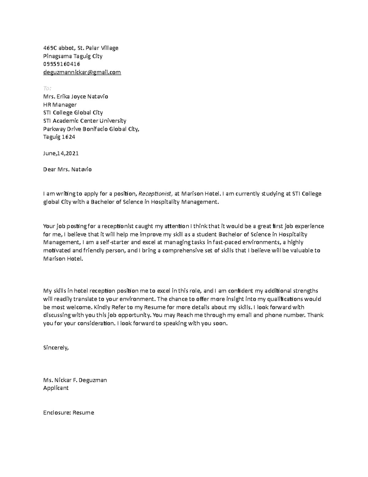 Purposive Communication coverletter Deguzman - 469C abbot, St. Palar ...