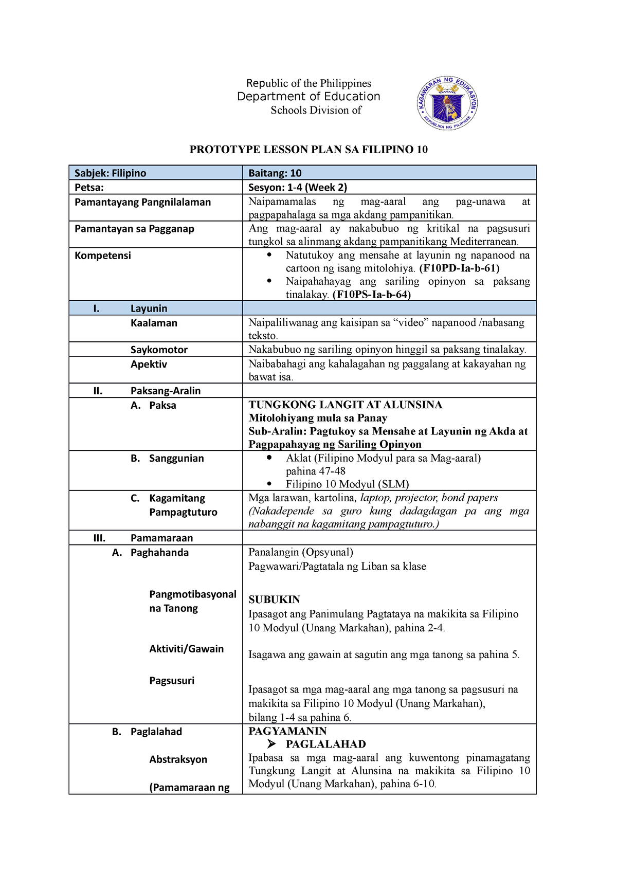 Filipino 10 (Q1-W2) - Republic Of The Philippines Department Of ...