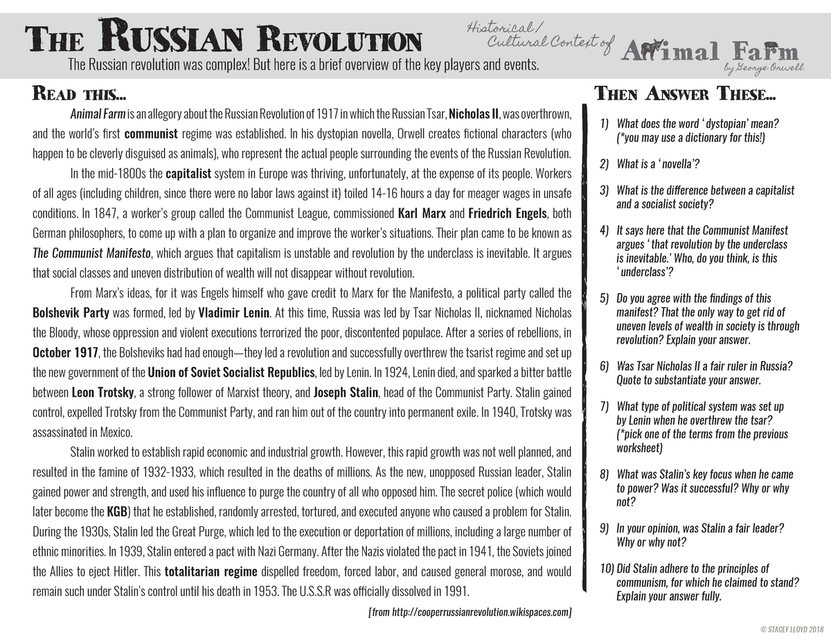 Russian Revolution Comprehension - Historical / Cultural Context of The Russian  revolution was - Studocu