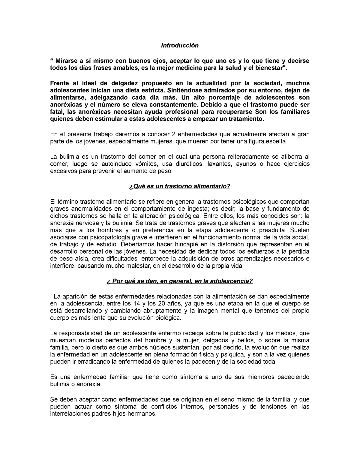 Anorexia bulimia capitulo - Introducción “ Mirarse a sí mismo con buenos  ojos, aceptar lo que uno es - Studocu