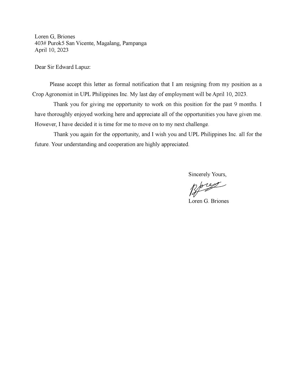 Td loren resignation letter 1 - Loren G, Briones 403# Purok5 San ...