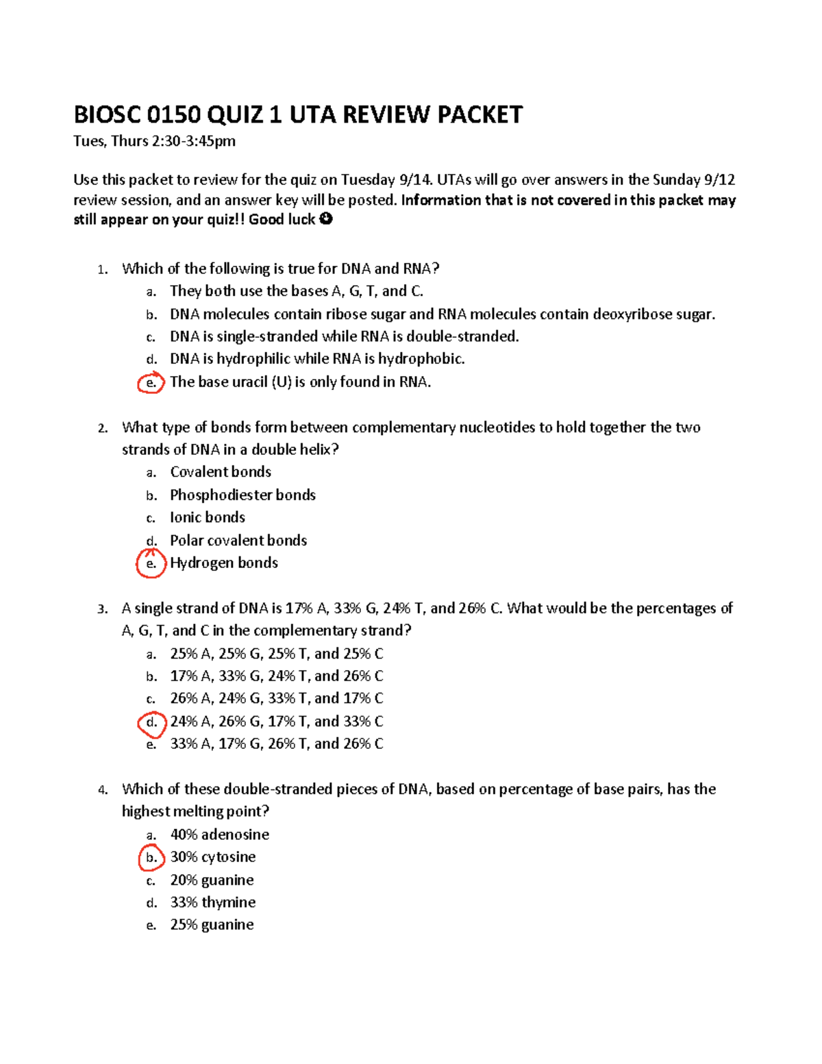 Quiz+1+UTA+Review+Packet - BIOSC 0150 QUIZ 1 UTA REVIEW PACKET Tues ...