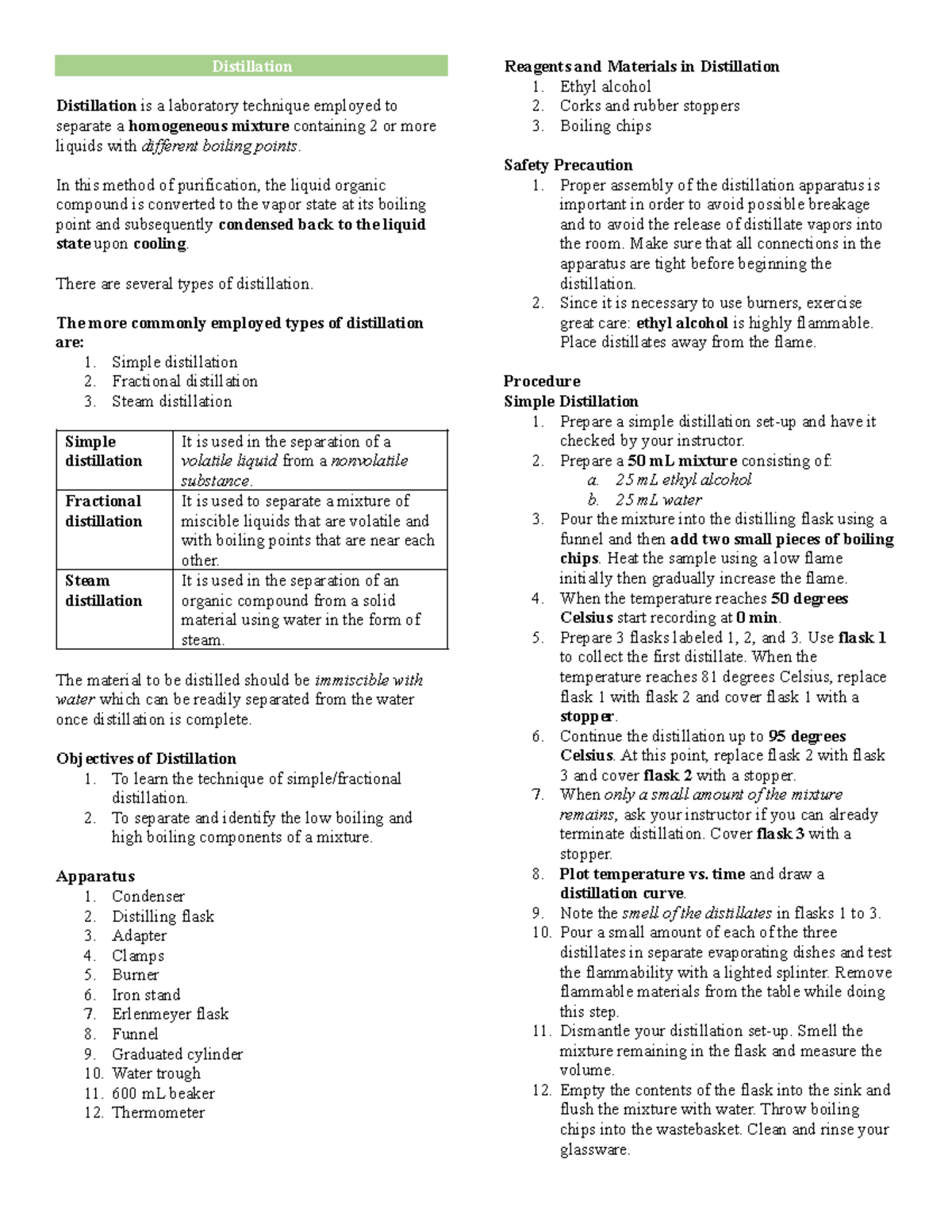 Laboratory Experiments (Midterms) - Distillation Distillation is a ...