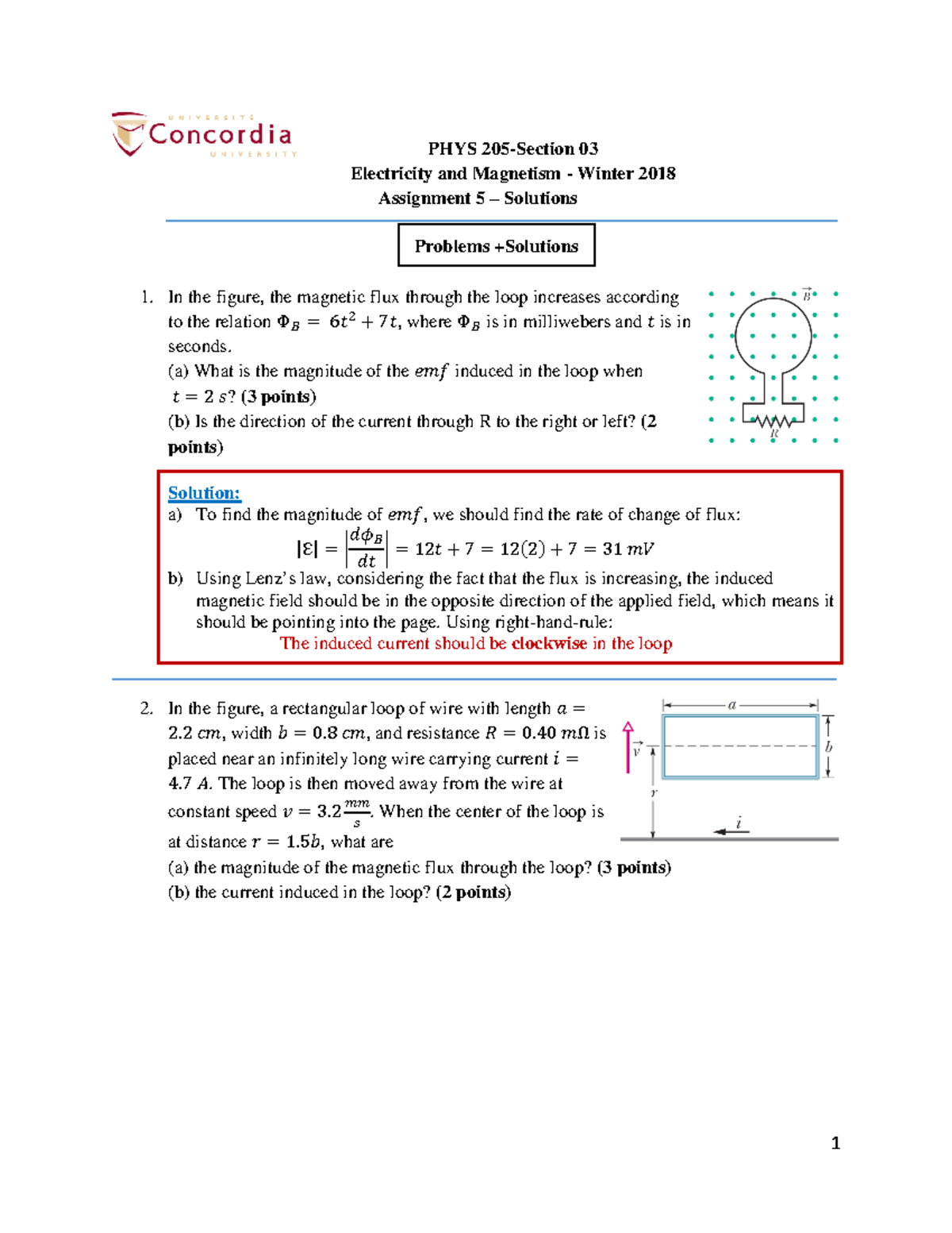 A5-Solutions - Solutions - 1 PHYS 205-Section 03 Electricity And ...