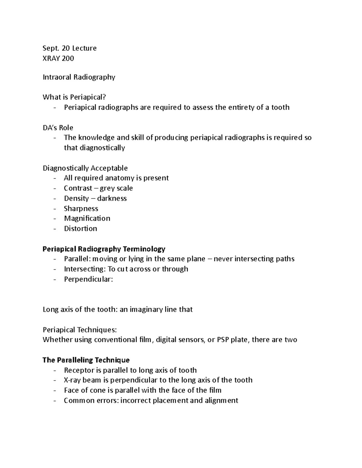 Sept. 20 XRAY 200 - Intraoral radiography - Sept. 20 Lecture XRAY 200 ...