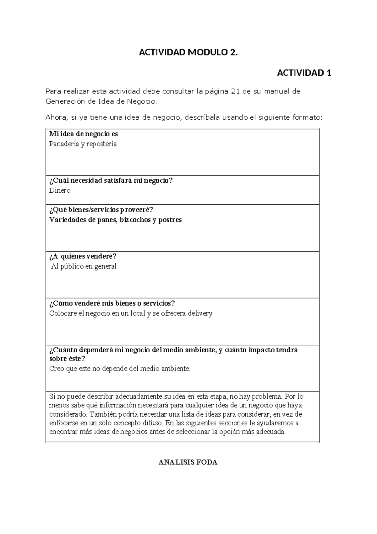 Actividad 2.1 .Generación idea de negocio y FODA ( Bertha Matos ...