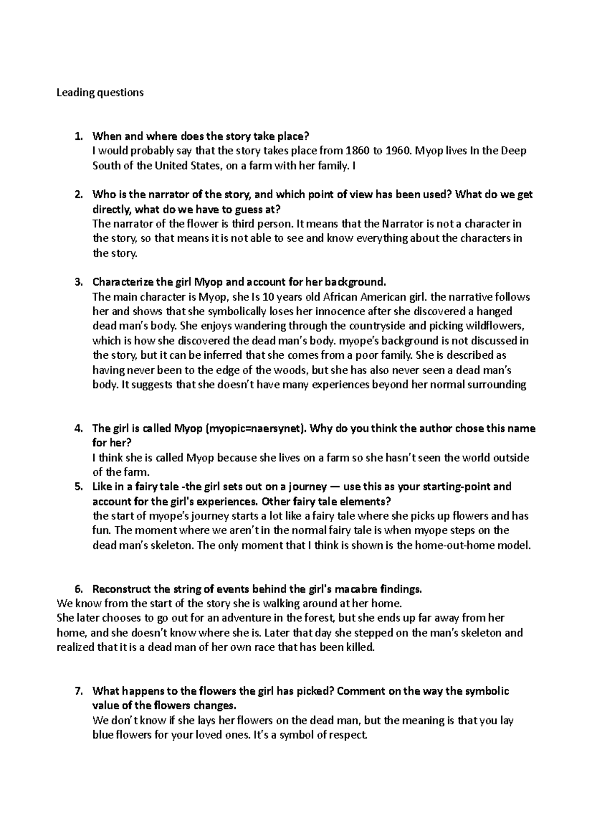 Alice Walker the Flowers Leading questions When and where does the