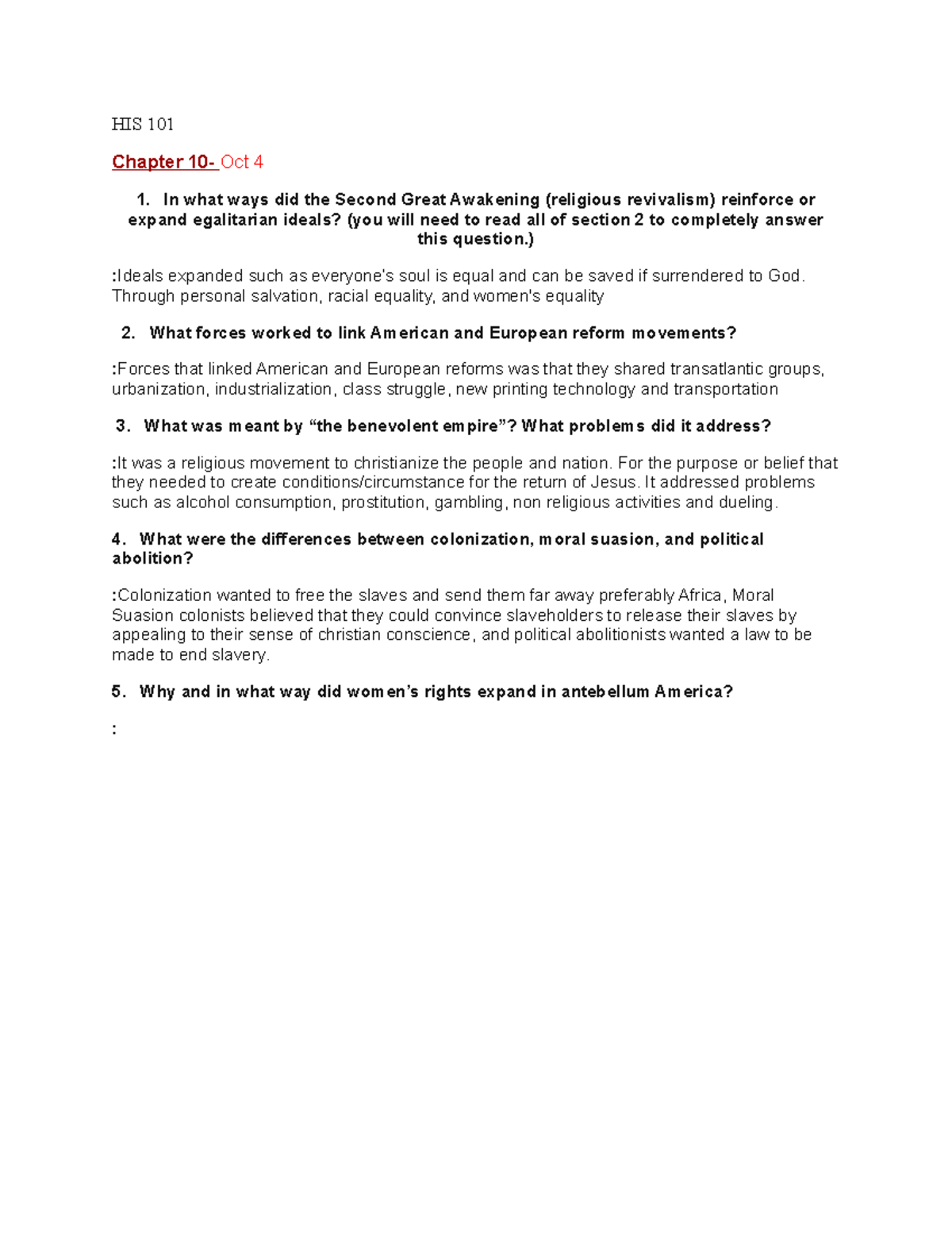 HIS 101 Chapter 10 Questions - HIS 101 Chapter 10- Oct 4 1. In What ...