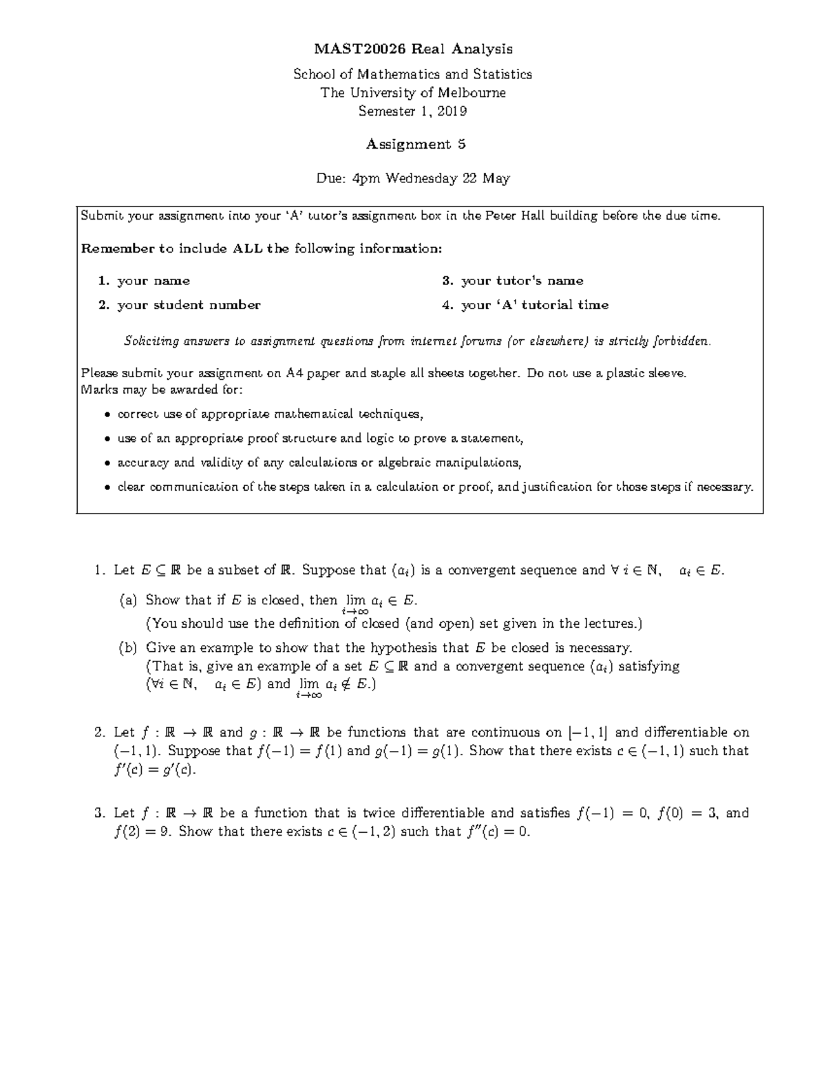 MAST2002 6 2019 s1 assn 5 QNS - MAST20026 Real Analysis School of ...
