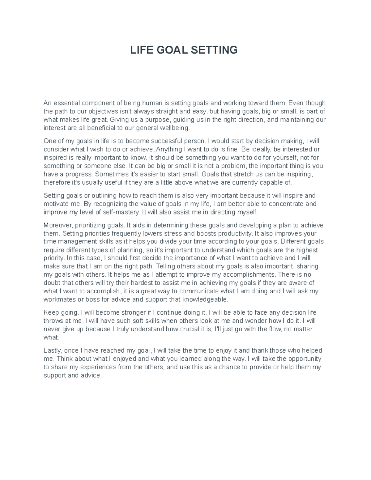 Labarcon-Assignment VRTS111 - LIFE GOAL SETTING An essential component ...