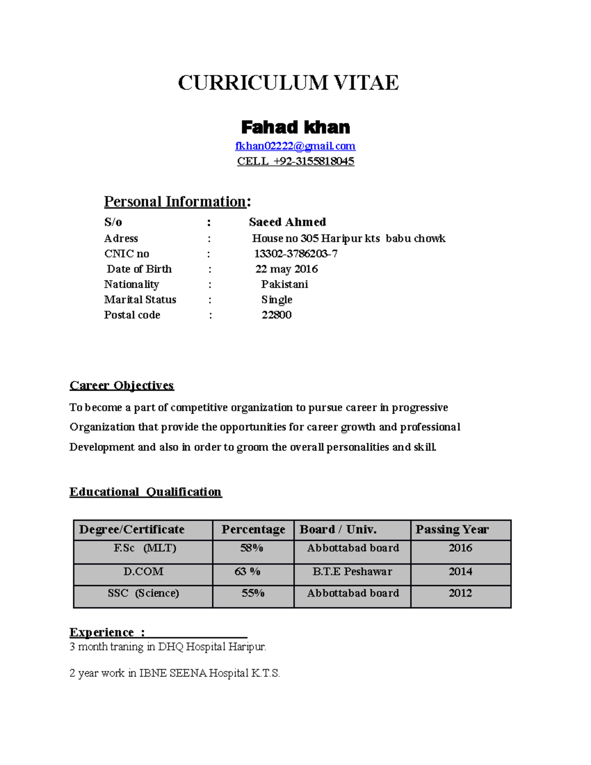 Fahad khan - dcdcz - CURRICULUM VITAE Fahad khan CELL Personal ...