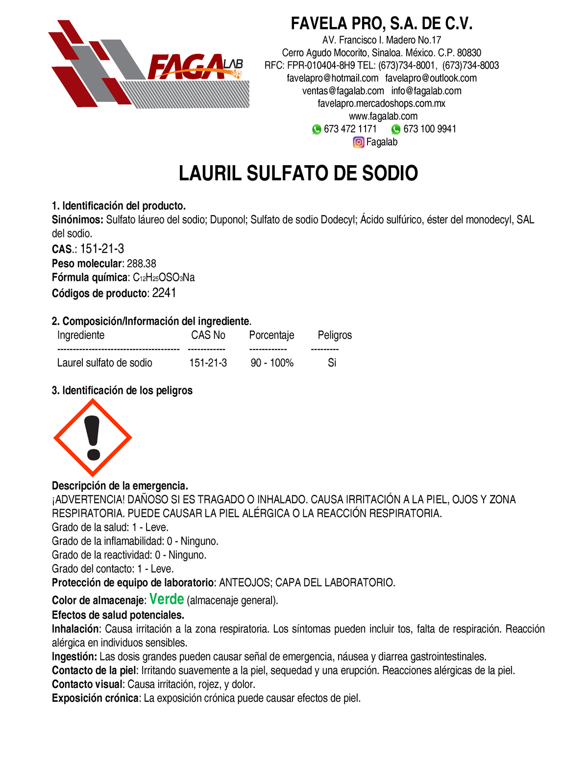 Hoja De Seguridad Lauril Sulfato De Sodio Lauril Sulfato De Sodio 1 Identificación Del 4254