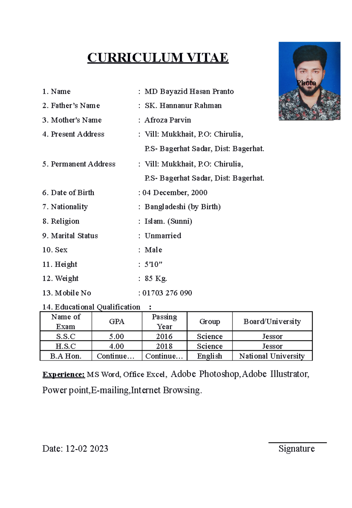 Bayazid CV English - ssss ggg - CURRICULUM VITAE Name : MD Bayazid ...