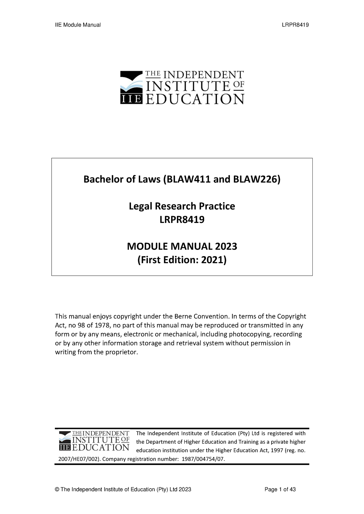 LRPR8419MM - Manual - Bachelor Of Laws (BLAW411 And BLAW226) Legal ...