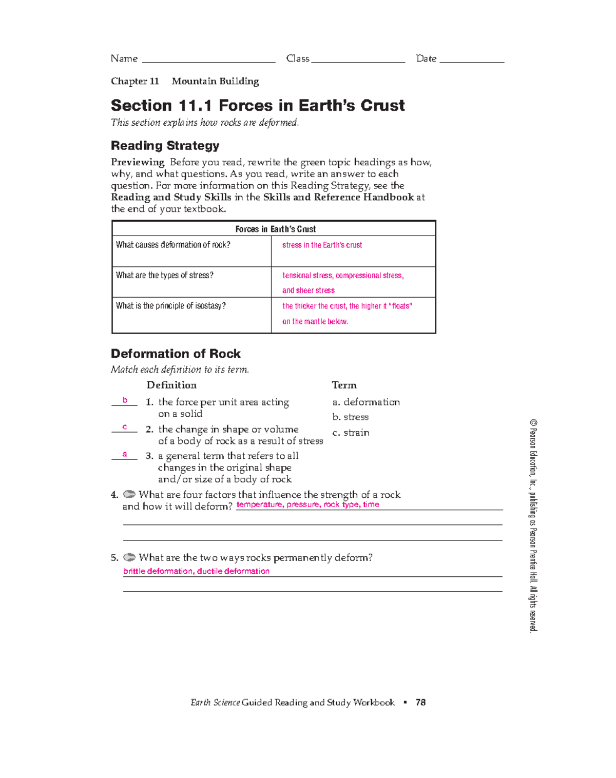 ES 11.1 Worksheet (Answers) Section 11 Forces in Earth’s Crust This