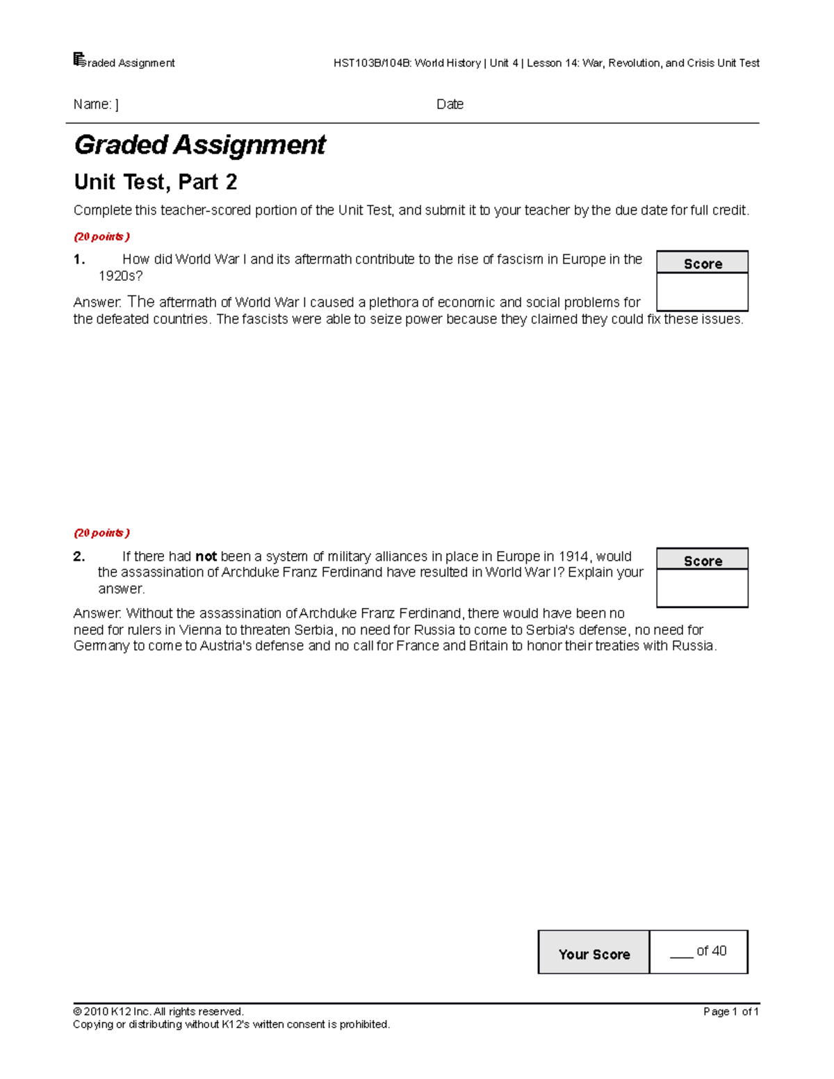 Unit test part 2 Answers for test Graded Assignment HST103B/104B
