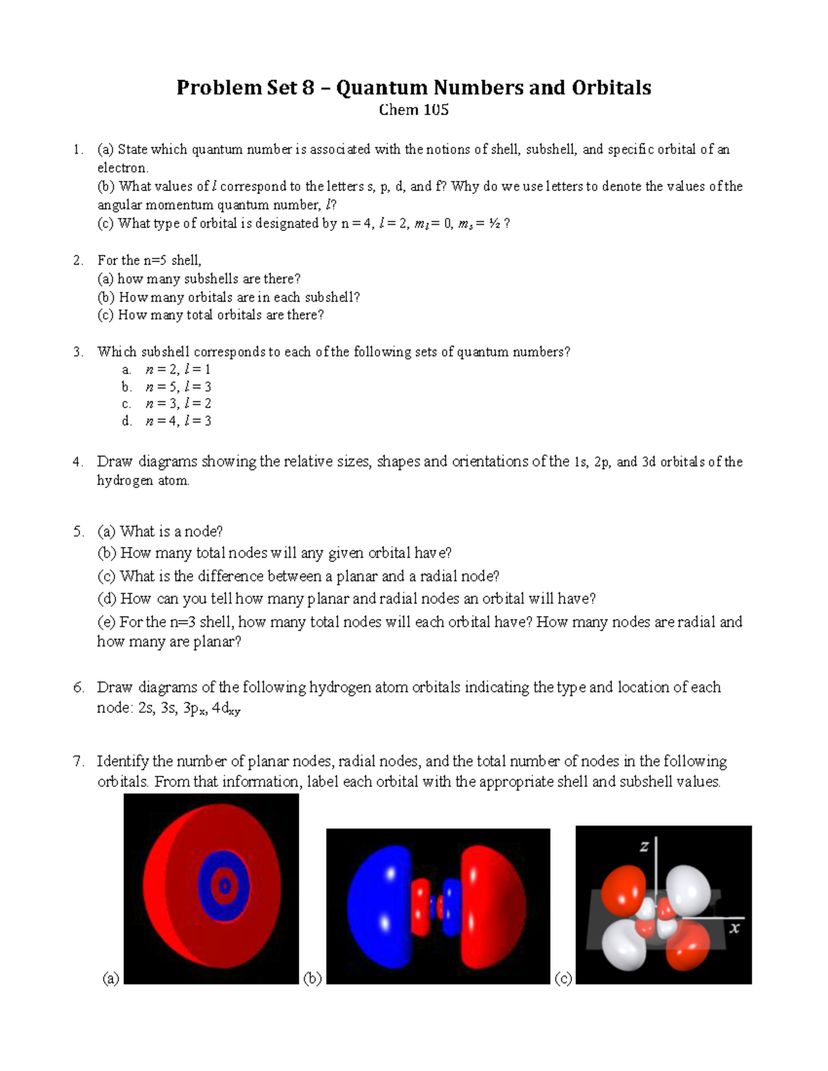 Chem 105 Problem Set 8 - Problem Set 8 – Quantum Numbers And Orbitals ...