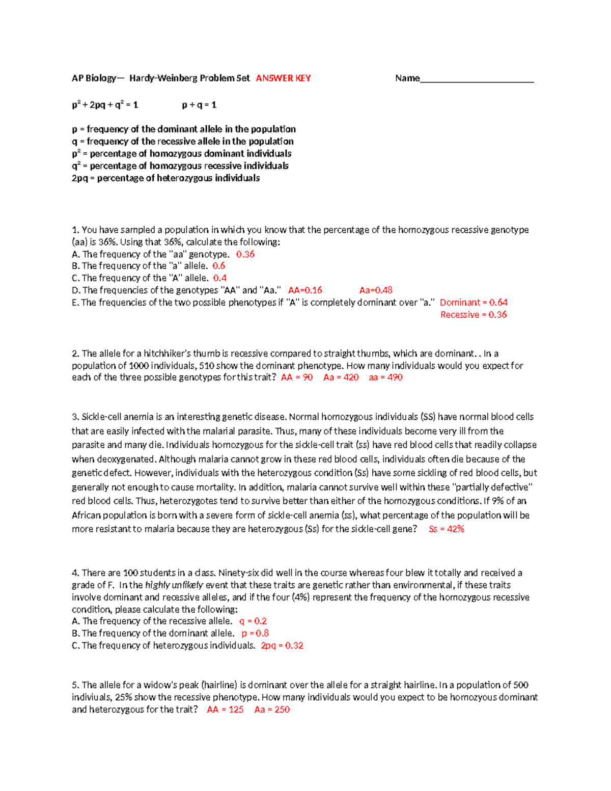 Hardy Weinberg Problem Set Answers 2 - AP Biology— Hardy-Weinberg ...