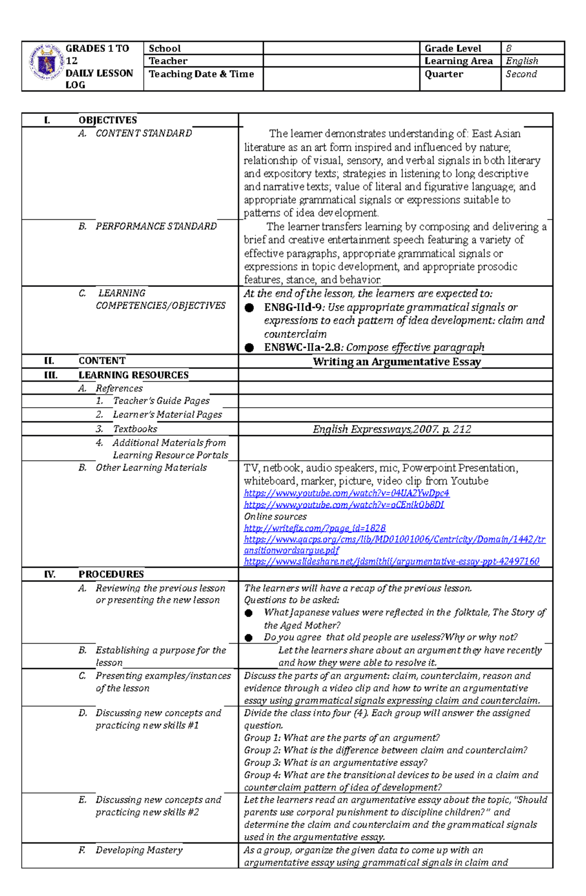 DLL ENG8 Q2 Lesson 6 WEEK 4 - GRADES 1 TO 12 DAILY LESSON LOG School ...