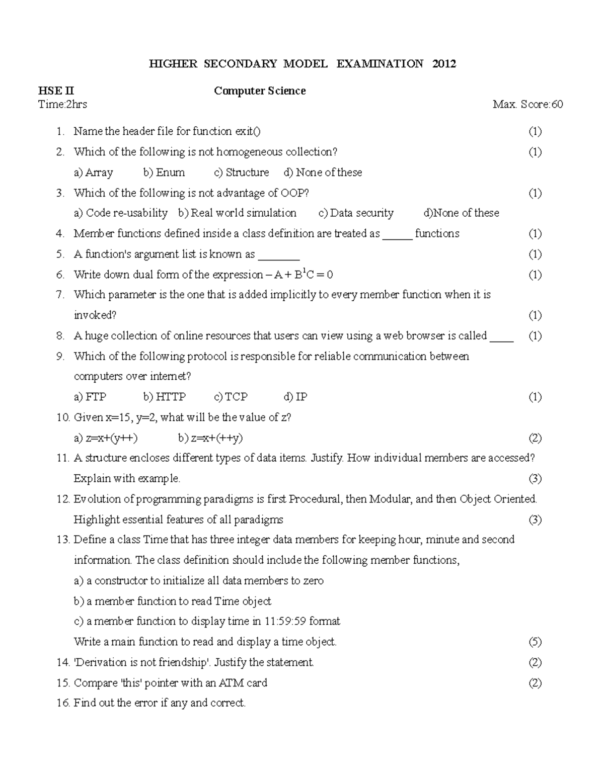 Kerala HSE 12th Computer Science Model Question Paper 4 - HIGHER ...