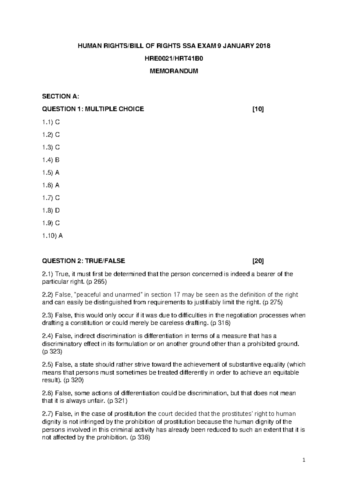 Human Rights SSA EXAM 9 JAN 2018 MEMO - HUMAN RIGHTS/BILL OF RIGHTS SSA ...