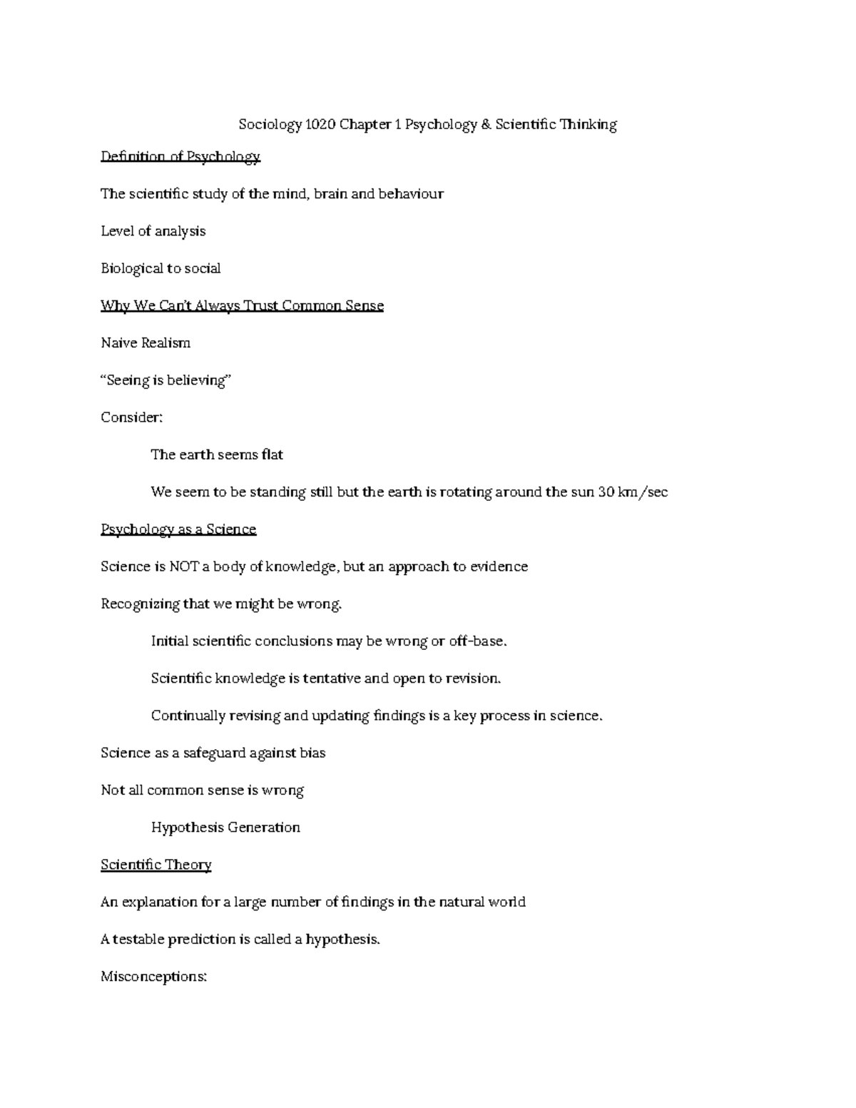 Chapter 1 Psychology & Scientific Thinking Notes - PSYCH1000 - UWO ...