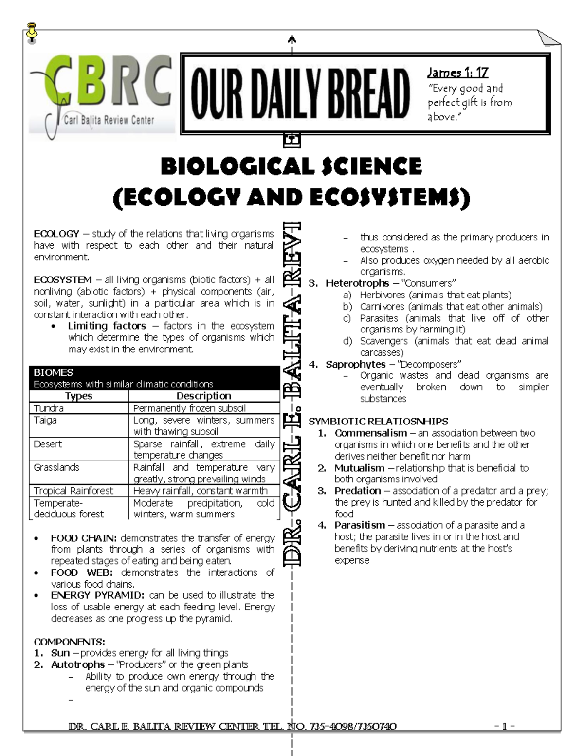 ODB-Bio-Ecology - Lecture Notes 3 - James 1: 17 "Every Good And Perfect ...