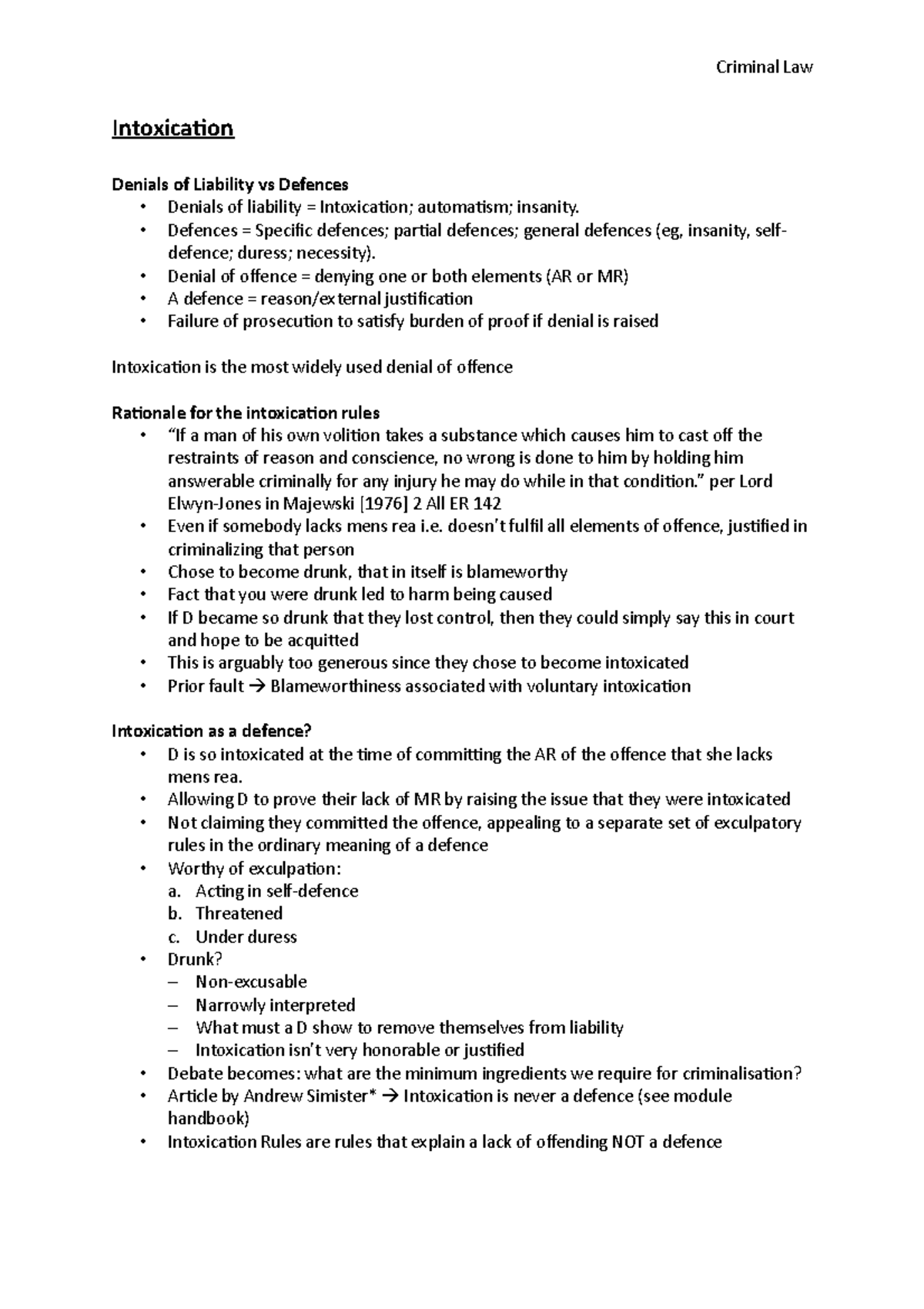 Intoxication Lecture Notes - Intoxication Denials of Liability vs ...