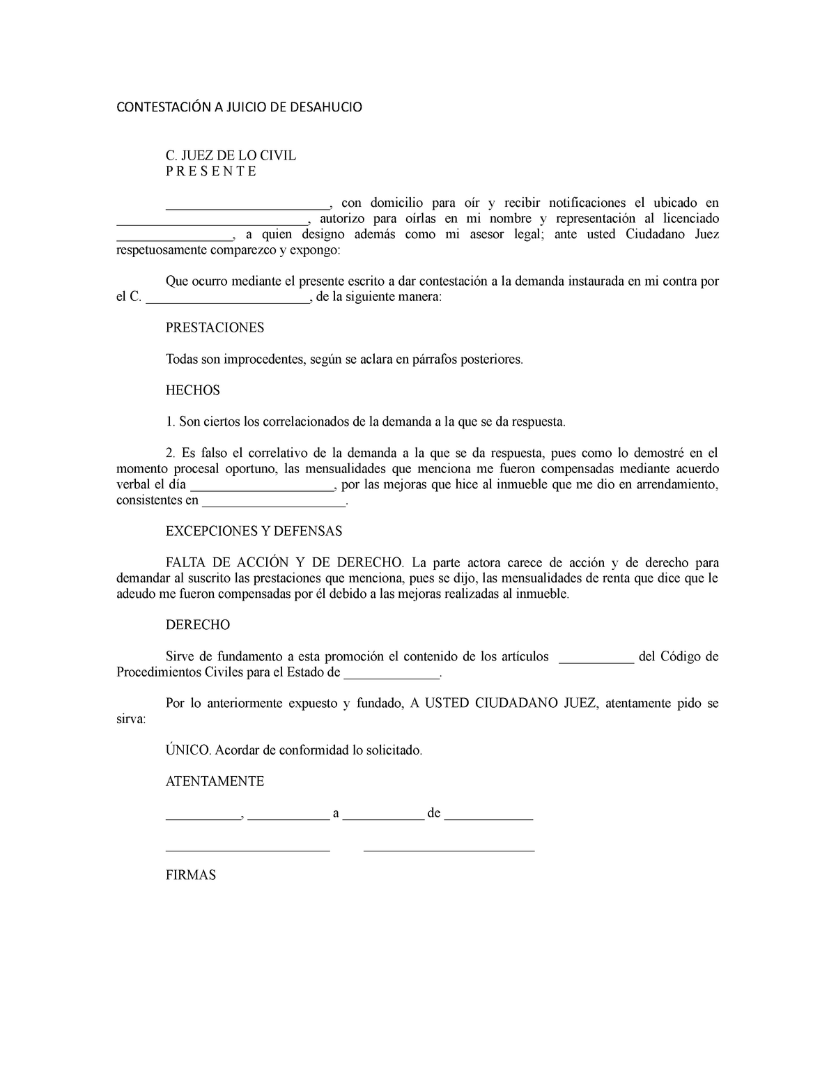 Contestación A Juicio DE Desahucio - CONTESTACIÓN A JUICIO DE DESAHUCIO C.  JUEZ DE LO CIVILP R E S E - Studocu