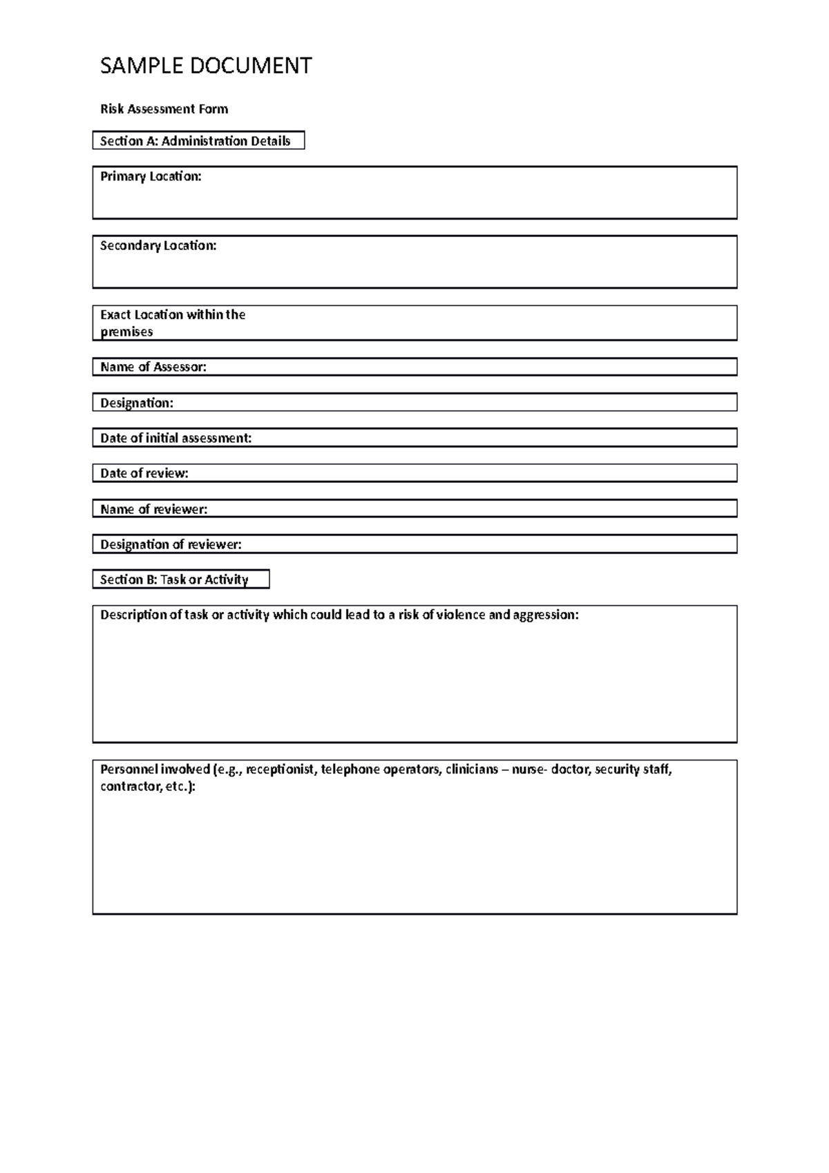 Sample risk assessment form - Risk Assessment Form Section A ...