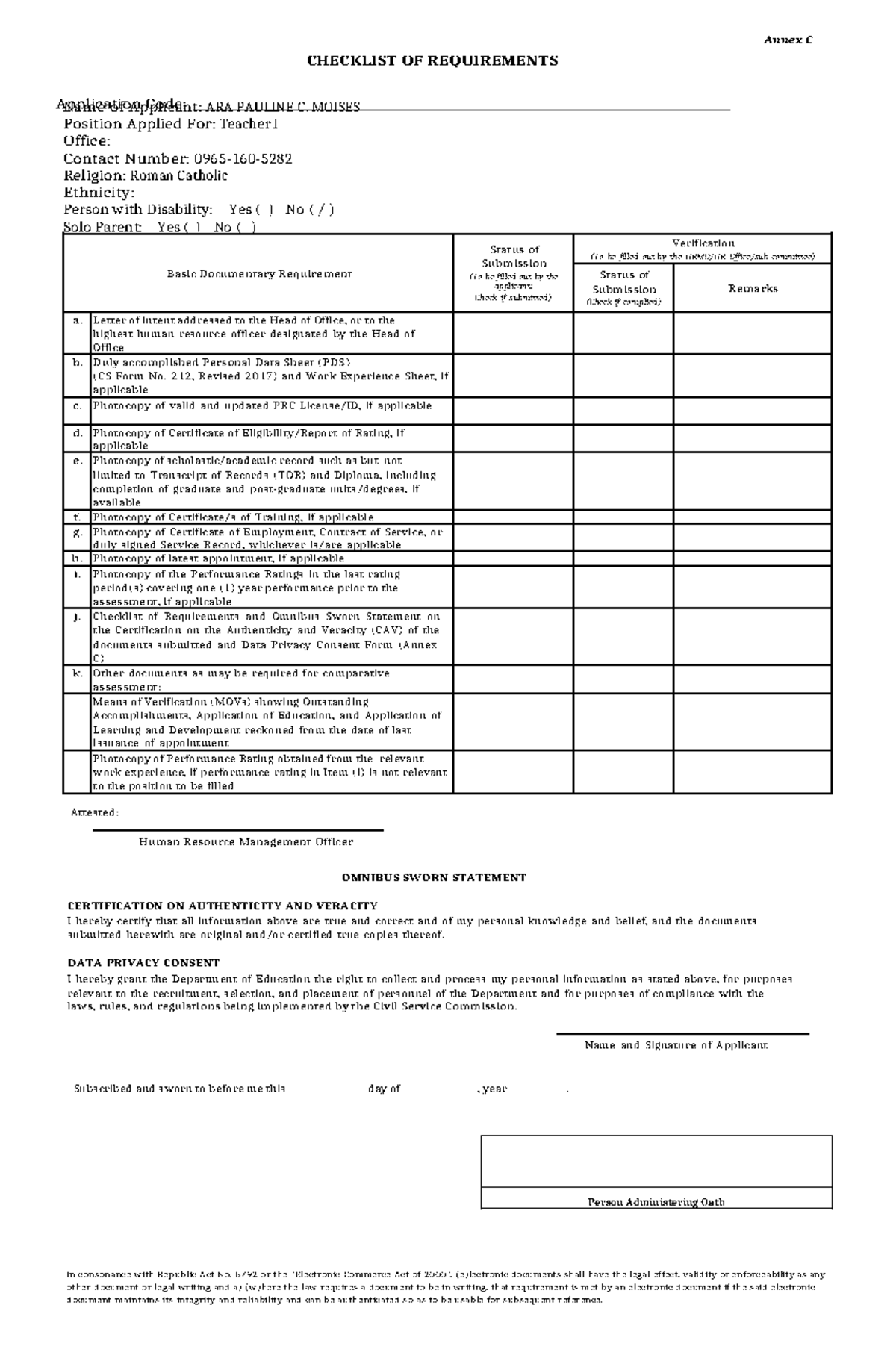 Omnibus - Annex C CHECKLIST OF REQUIREMENTS Application Code: ___ Basic ...