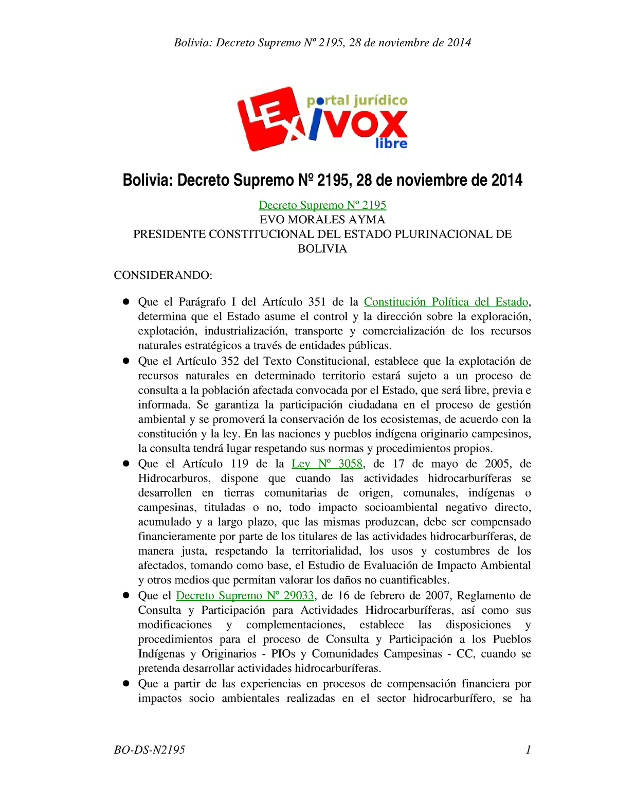 BO-DS-N2195 - FDDFG - Bolivia: Decreto Supremo Nº 2195, 28 De Noviembre ...