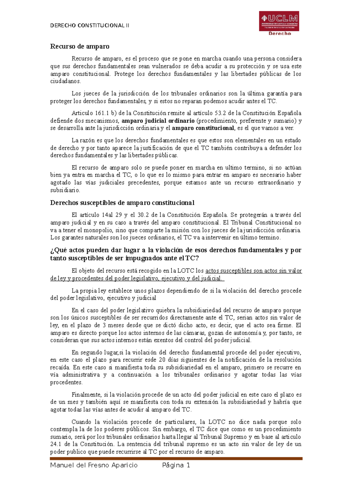Recurso de amparo y habeas corpus - DERECHO CONSTITUCIONAL II Recurso ...