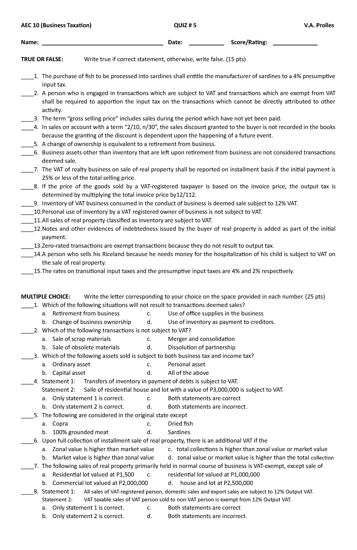 QUIZ-5 - notes - AEC 10 (Business Taxation) QUIZ # 5 V. Prolles Name ...