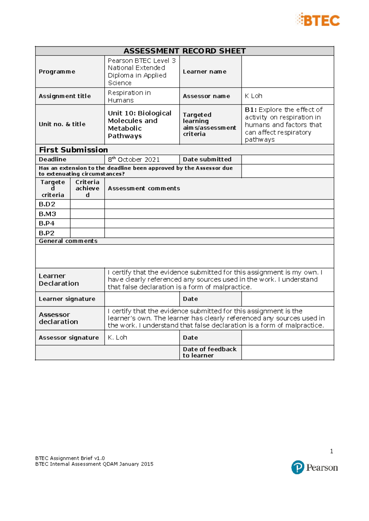 Unit 10 B1 Respiration Assignment Assessment Record Sheet Programme Pearson Btec Level 3 8928