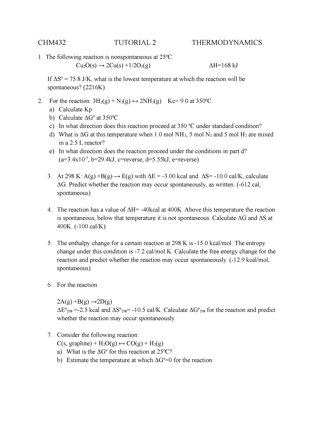 CHM432 Tutorial 2 Chapter 2- Thermodynamics Thermodynamics - CHM432 ...