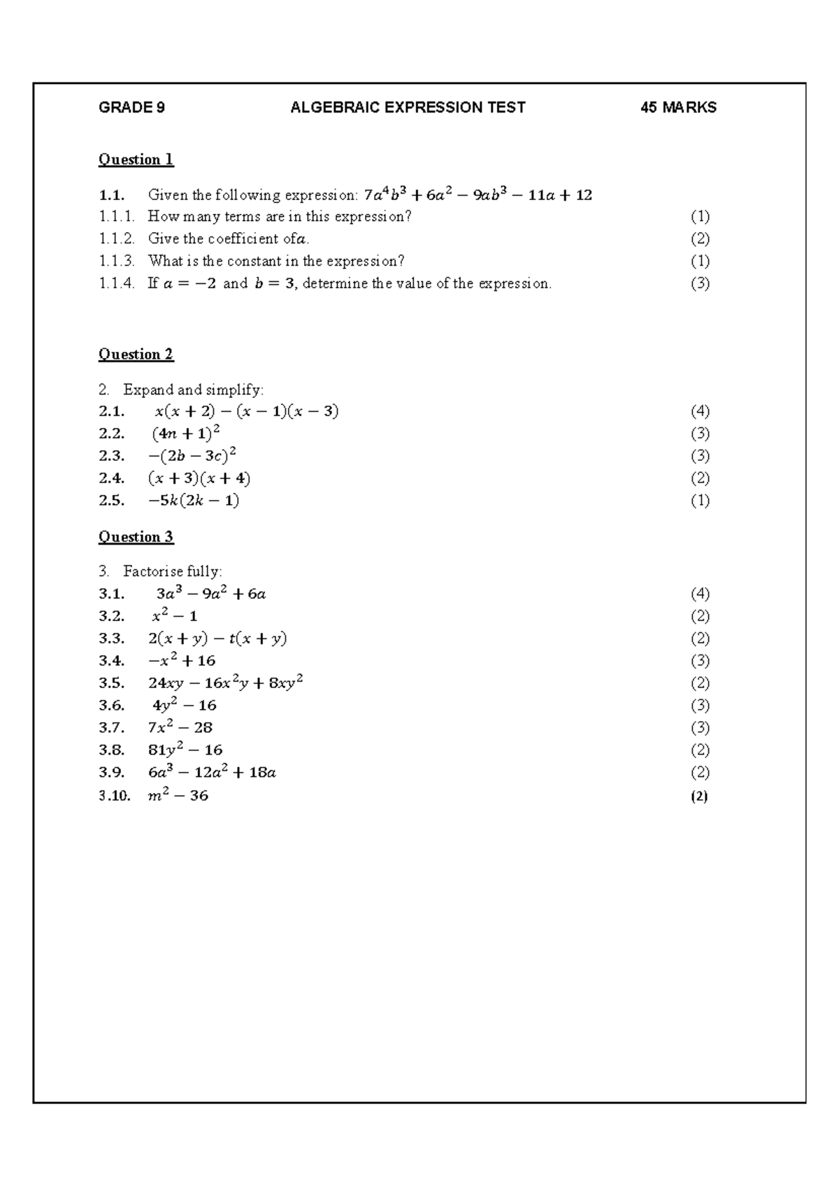 PDF - GRADE 9 ALGEBRAIC EXPRESSION TEST 45 MARKS Question 1 Given the ...