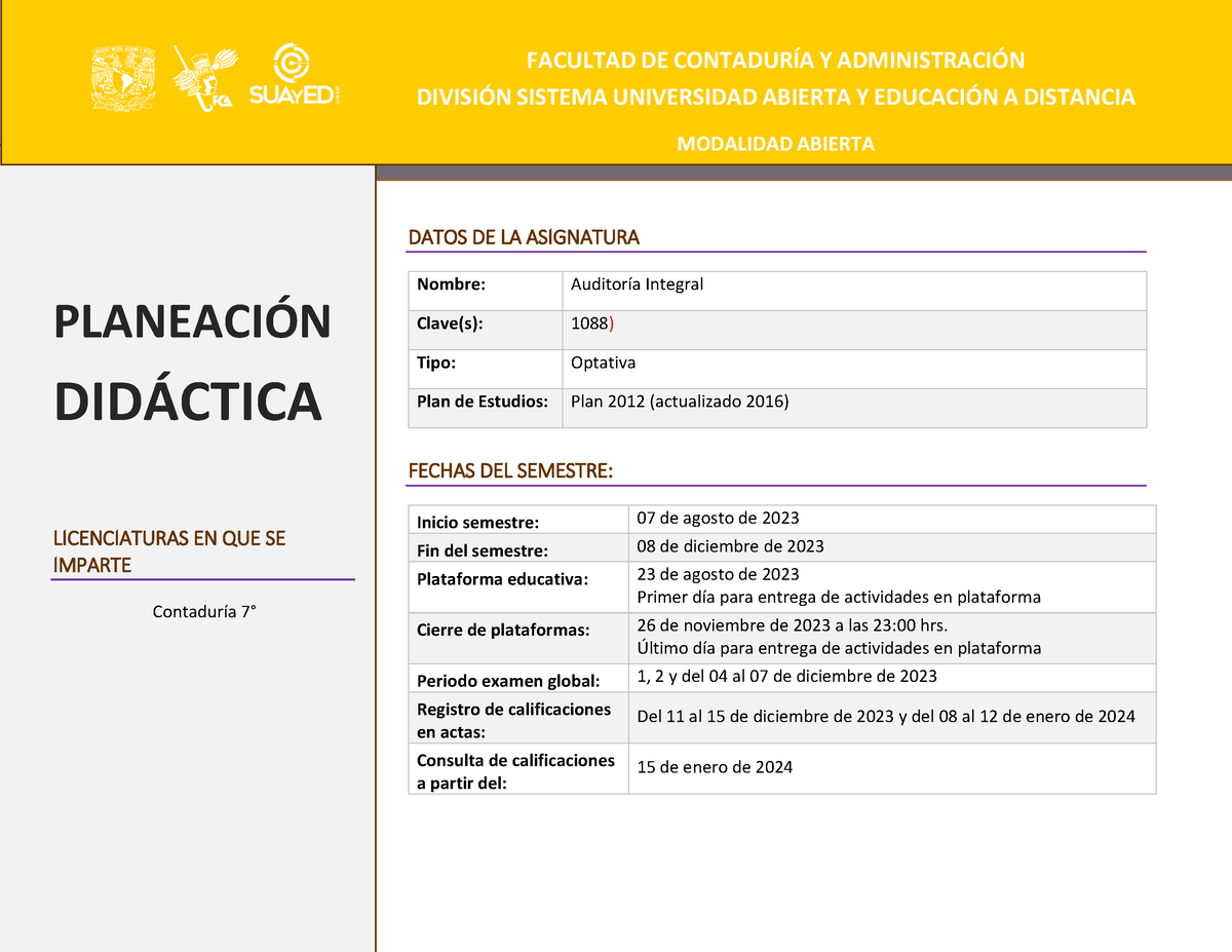 PLAN DE TRABAJO AUDITORIA INTEGRAL - PLANEACI”N DID¡CTICA LICENCIATURAS ...