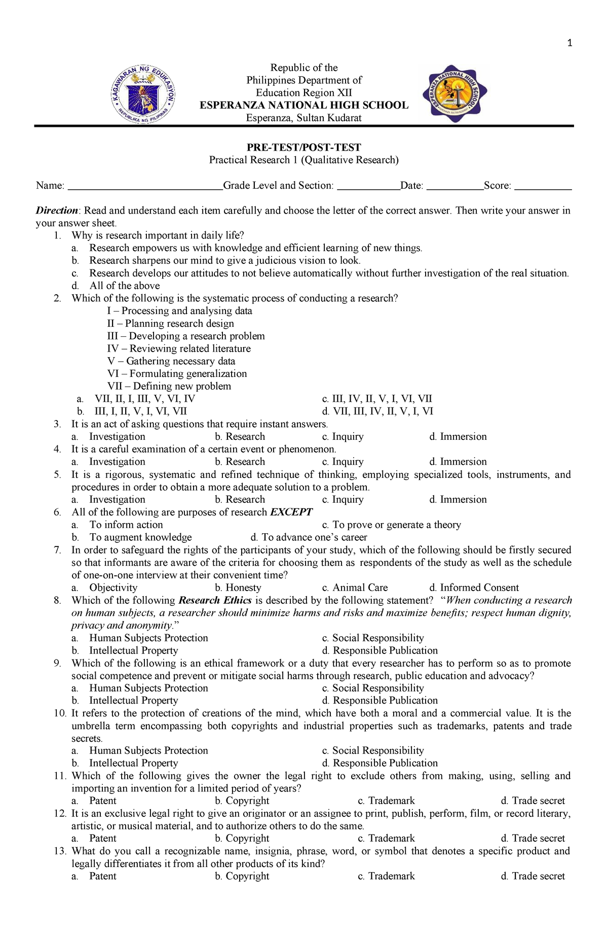 Pre Test Post Test in Qualitative Resear - Republic of the Philippines ...