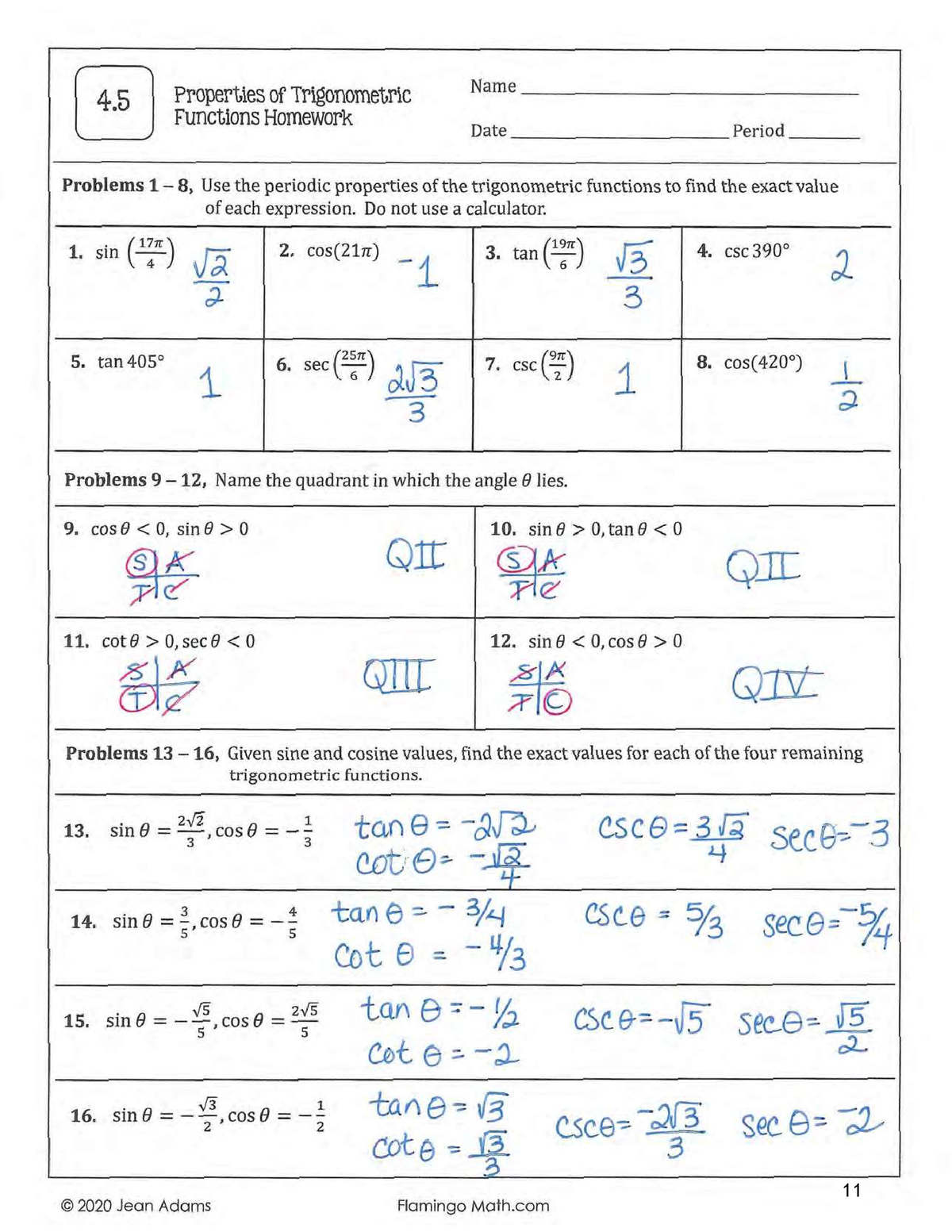 4.5 properties of trigonometric functions homework answers