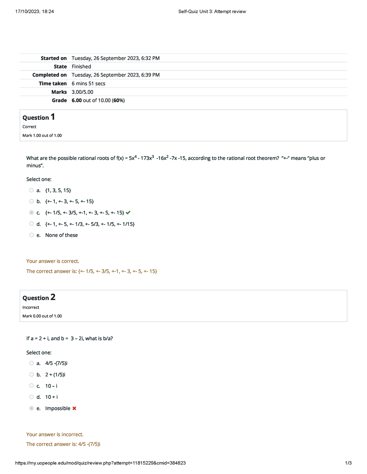 Self-Quiz Unit 3 Attempt Review 5 - 17/10/2023, 18:24 Self-Quiz Unit 3 ...