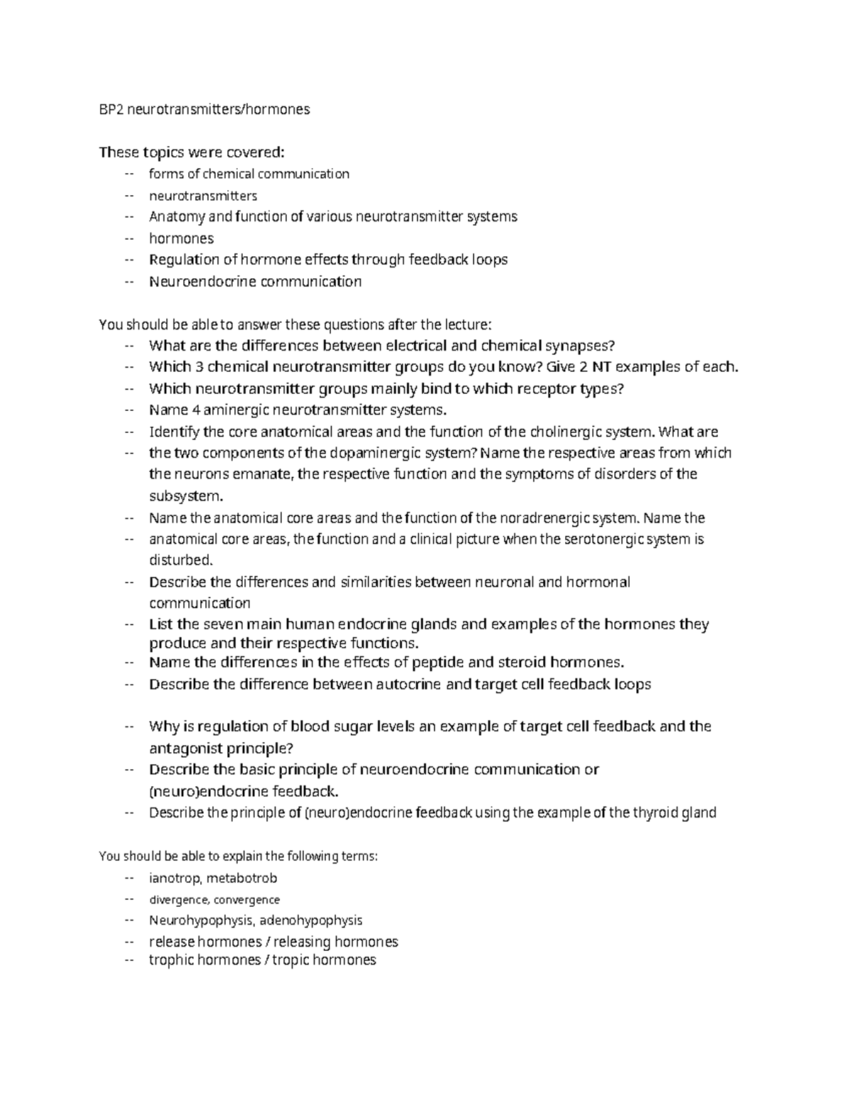 Study guide 7: Neurotransmitters and hormones - BP2 neurotransmitters ...