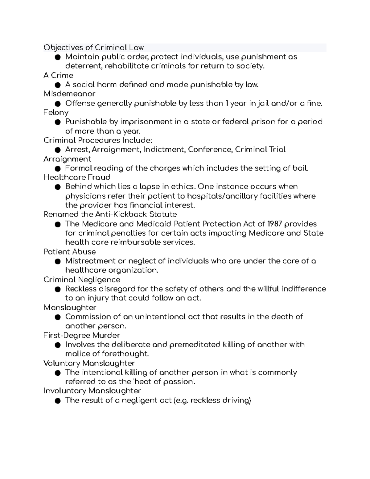 Ch 6 legal aspects of HIM - Objectives of Criminal Law Maintain public ...