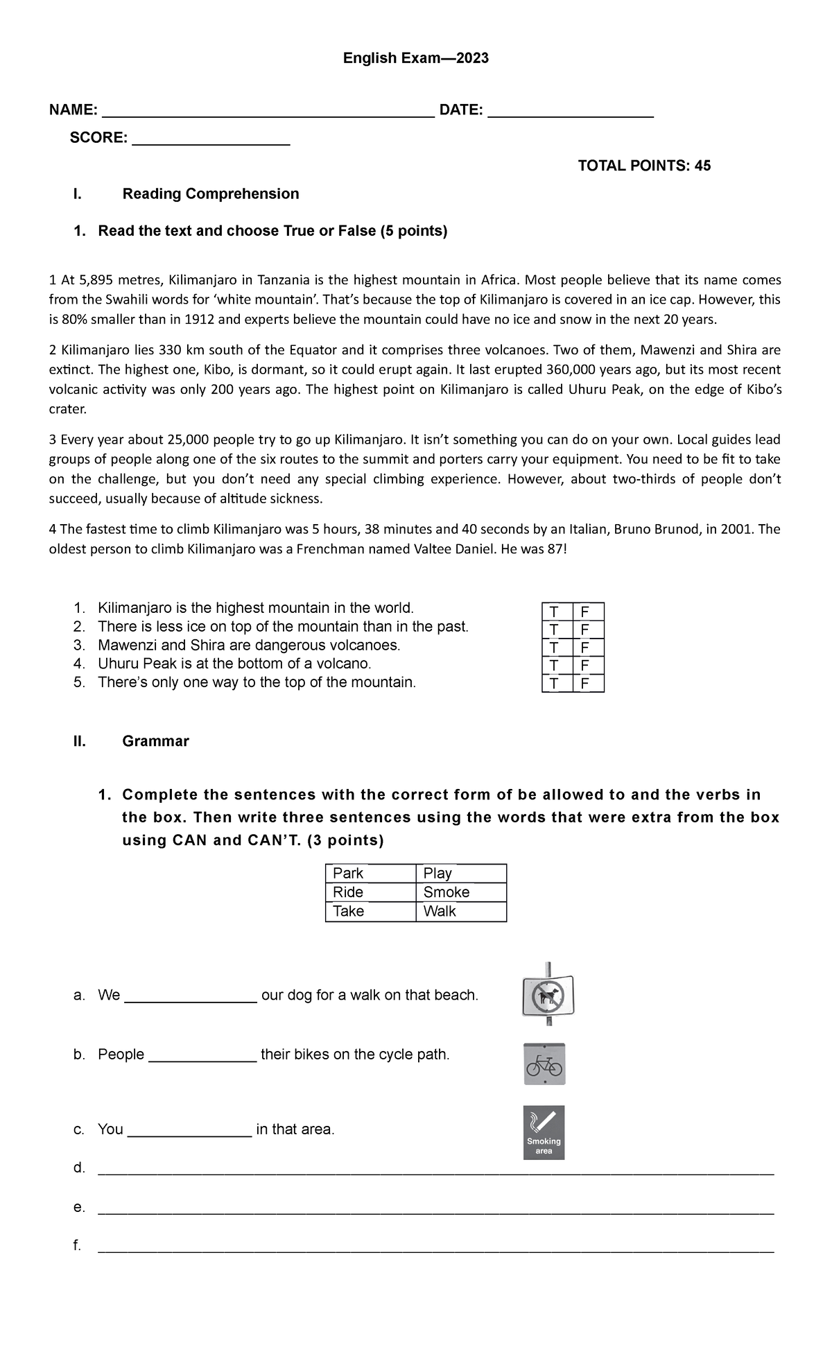 Diagnostico Ingles 2023 - English Exam— NAME ...